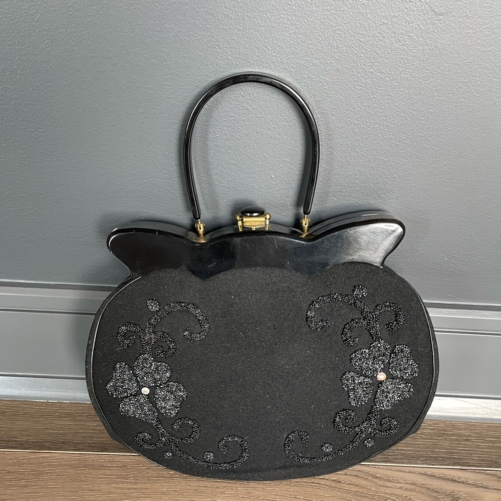 Vintage wool purse black Embellished lucite